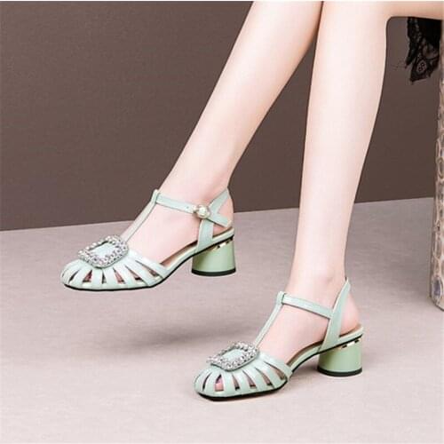 PXELENA 34-42 Plus Size Women Sandals Genuine Leather 2021 Summer New Crystal Hollow Out T Strap Round Heels Shoes Ladies Party