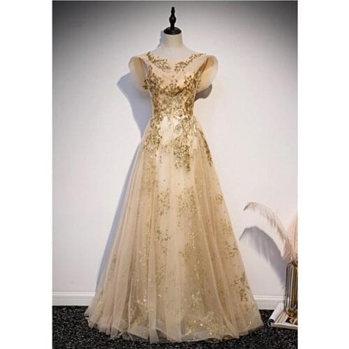 Luxury Gold Evening Dresses Long Dress With Sequined Robe De Soiree 2020 Scoop Neck A-line Evening Dress Elegant Party Dress