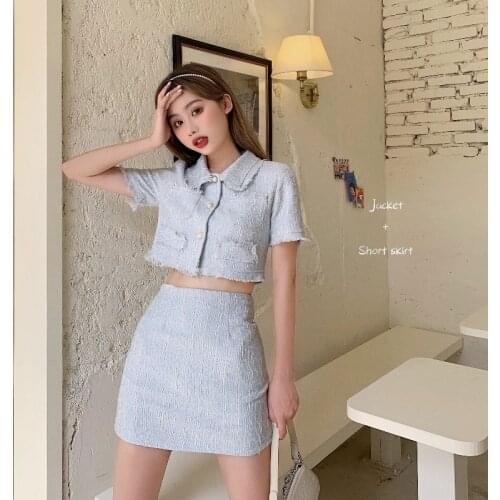 Western Style Woolen Suit, Female Summer New Cover Hip Skirt Young Cropped Jacket Lady Girl Skirt Two-Piece Set Slim-Fit