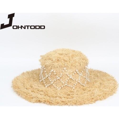 Elegant handmade pearl ornament straw hat short brim Canotier flat sun beach hat Ms. Boater Hat Ms. Derby occasion hat cap