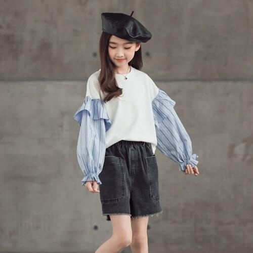 4 To14 Years Kids and Teen Girls Spring 2021 New Patchwork Casual Shirt Children Loose Long Sleeve Cotton Clothing, #9425