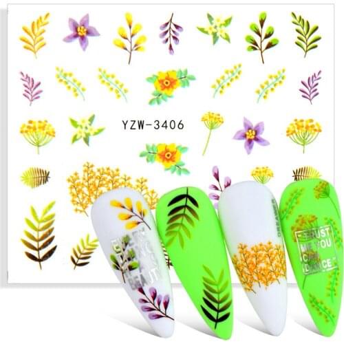 Water Nail Decal and Sticker Flower Leaf Tree Green Simple Winter Slider for Manicure Nail Art Watermark Tips