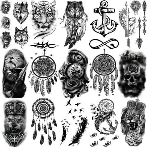 Rose Flower Mandala Dream Catcher Temporary Tattoos For Women Adult Men Lion Tiger Wolf Feather Fake Tattoo Small Tatoos Sticker