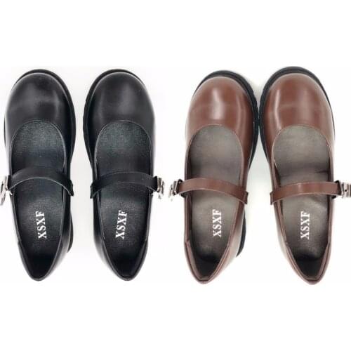 Japanese School Students Uniform Shoes Uwabaki JK Round Toe Buckle Trap Women Girls Lolita Black Brown Cosplay Med Heels C03