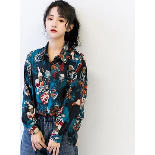Women Retro Casual Long Sleeve Wineglass Bottle Print Loose Chiffon Blouse Shirt Top Blouse Girl Loose Lapel Tops and Blouses