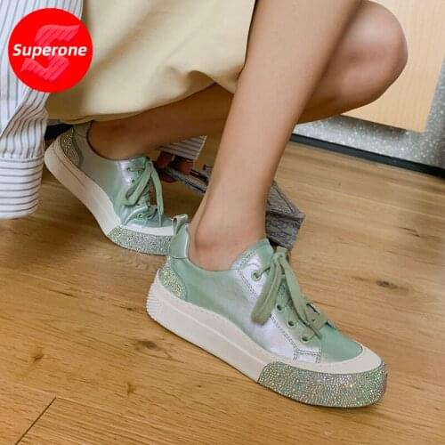 Superone New Fashion Spring Women Sneakers Real Leather Cross Strap Round Toe Mixed Color Crystal Female Footwear Size 34-39