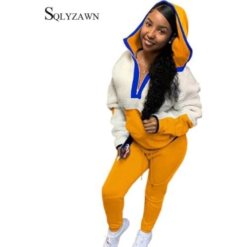 Female Woolen Patchwork Tracksuit Loose Plus Velvet Faux Lamb Wool Hoodies Pants Two Piece Set Winter Tracksuit for Women 2020