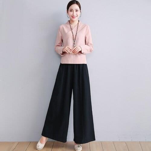 2021 Chinese Style Clothing Women New Cheongsam Suit Vintage Qipao Top And Wide Leg Pants Elegant Oriental Lady Set Suit 12405