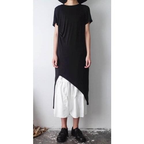 Women Black Side long Slit Yamamoto Dark Pleated Asymmetric Short Sleeve Long Sleeve Dress Top