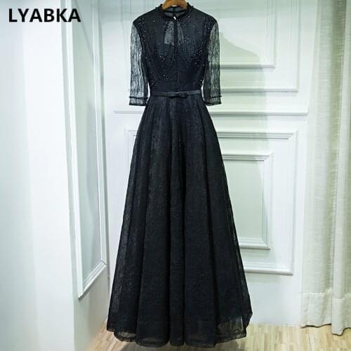 Robe De Soiree O-Neck Long Sleeve Evening Dress Gown High Quality Evening Dresses Long Lace With Bead Black Evening Dresses 2019