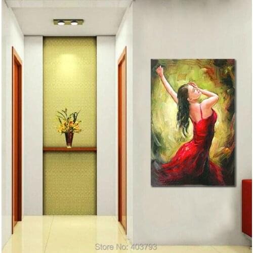 100% Hand Painted Wearing a Red Dress Woman Dancing Canvas Oil Painting for Home Wall Art Decoration
