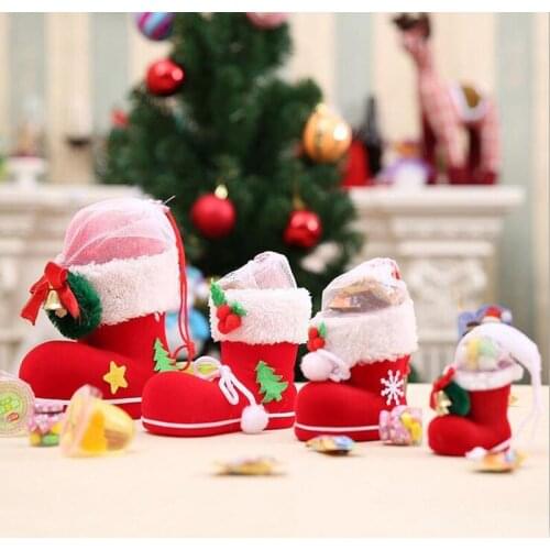100pcs 6*6*3cm Mini Christmas Gift Bag Elf Spirit Candy Boot Shoes Stocking Holders XMAS Party Decoration Filler Bags ZA4818