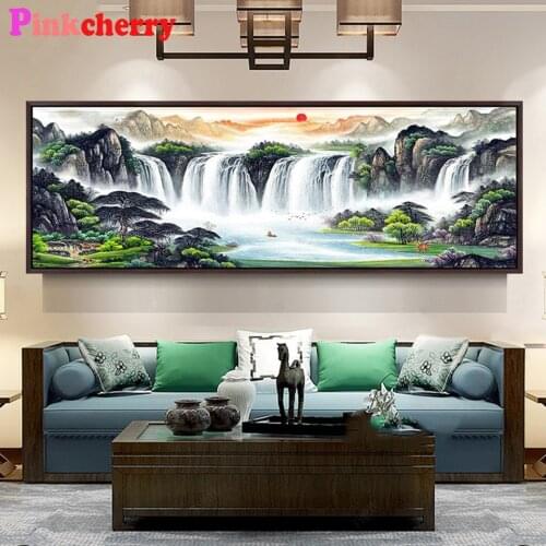 5d Diamond Painting Full Of Diamonds New Style Living Room Large Rising Sun Waterfall Landscape Painting Diamond Embroidery