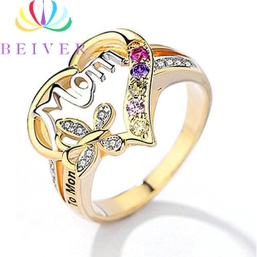 Beiver Heart-shaped Colored Zircon Rings For Mom Butterfly Rings Festival Jewelry Mothers Day gift 2019 New Arrivals