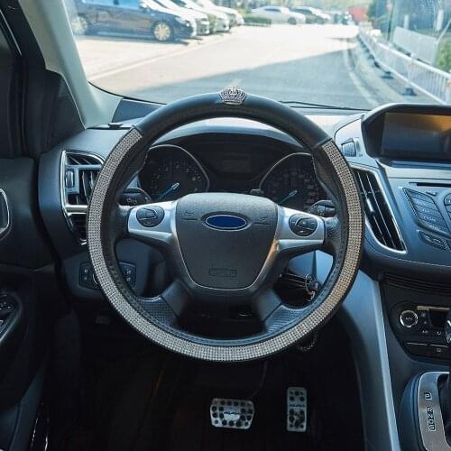 Crystal Rhinestone Diamond Trim Crown Car Steering Wheel Cover Universal Size 38cm Black PU Leather