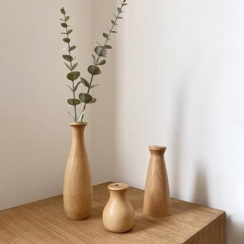 Retro Wooden Vase Minimalist Line Dry Flower Bottle Plants Pot Flower Arrangement Table Decorative Crafts Home Ornaments