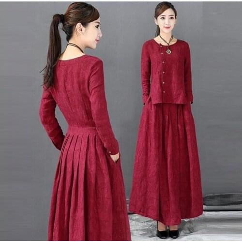 Cotton Linen China Women Retro Button Cheongsam Top + Wide-Leg Pants Chinese Style Vintage Elegant Lady Linen 2 Piece Set TA1946