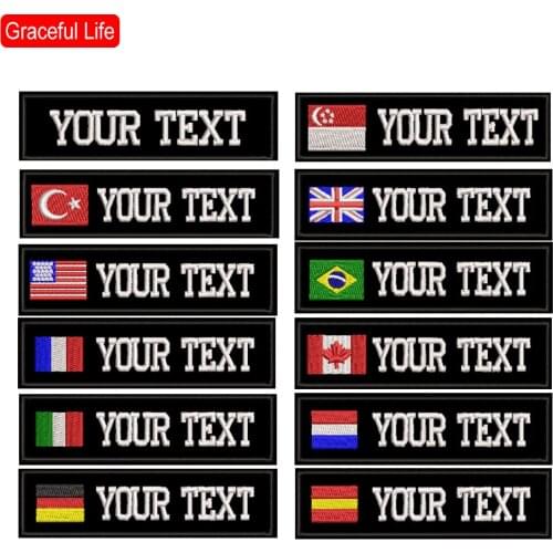 Rectangular 1 line custom Embroidered Name hook onpatch US brazil French UK country flag personalized flag for jacket ,bag,coat