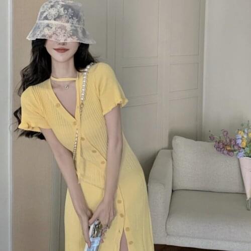 Korejepo Women Knitted Short-sleeved Dress 2021 Summer New V-neck High Waist Mid-length Split Long Dress Female Single Breasted