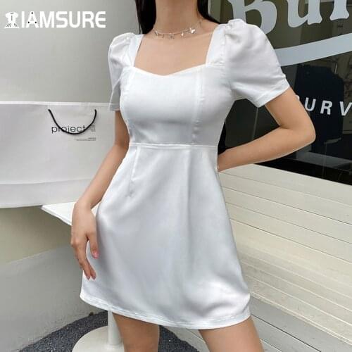 IAMSURE Bow Backless Summer Dress Sexy Slim Square Collar Short Sleeve A-Line Mini Dresses For Women 2021 Elegant Ladies Fashion