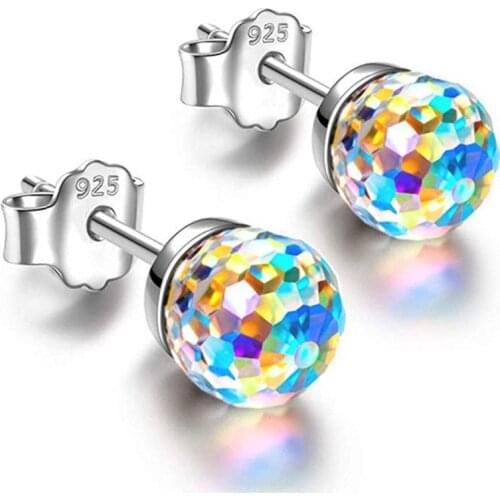 Cute Female Rainbow Crystal Earrings Charm Silver Color Small Stud Earrings For Women Dainty Round Zircon Wedding Earrings