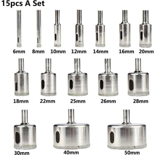 Diamond Coated Drill Bit Set 15pcs 6mm-50mm Tile Marble Glass Ceramic Hole Saw Drilling Bits For Power Tools