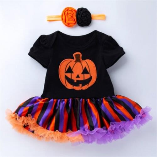 New Halloween Baby Short - Sleeved Cartoon Printed Romper Dress With Bow Knot And Two - Piece Suit