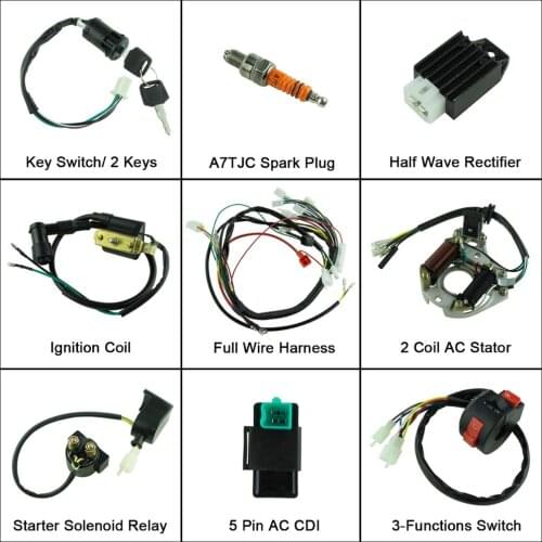Full Electrics Wiring Harness AC CDI Coil Kill Switch Spark Plug for 50cc 70cc 90cc 110cc 125cc ATV Quad Pit Bike Buggy Go Kart