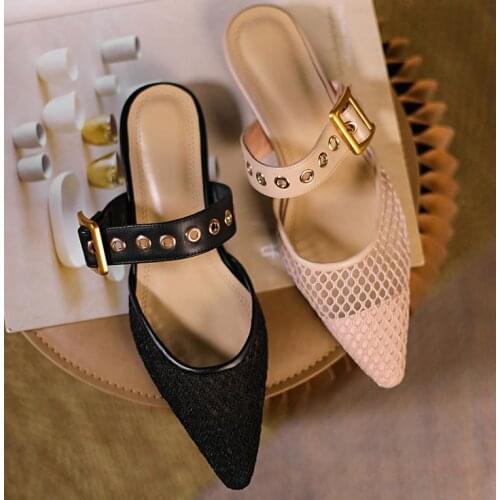 Summer net red pointed toe hollow breathable mesh Baotou belt buckle Muller shoes female low-heeled lazy wear half slippers