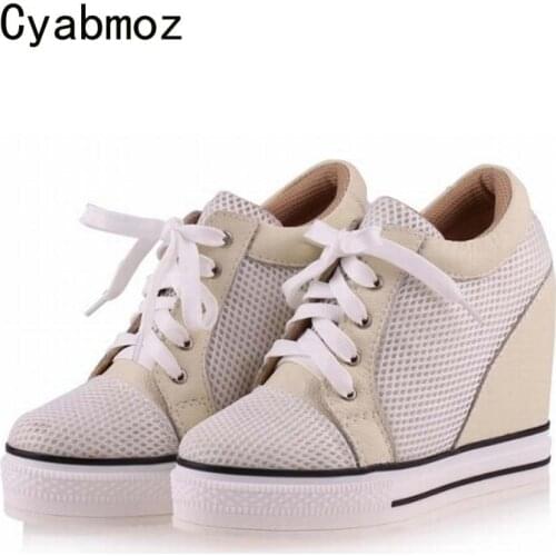 Cyabmoz Fashion Women High heels Platform Wedge Shoes for Woman Height increasing Breathable Lace up Low top Ladies Casual shoes