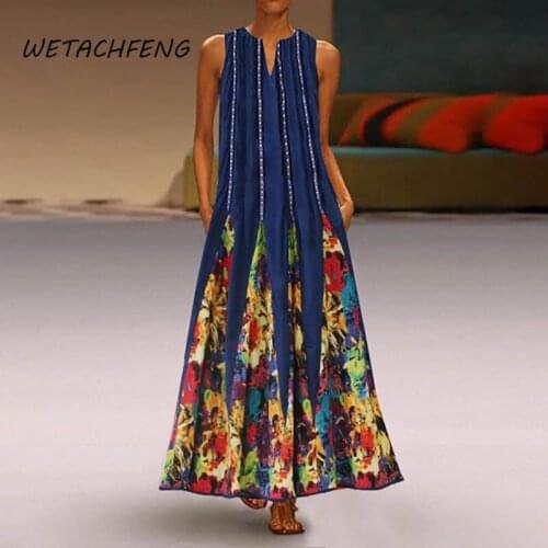 Plus Size Womens Dress Summer Floral Printed Vintage Elegant Long Ladies Dresses Sleeveless V Neck Loose 2021 Female Clothing