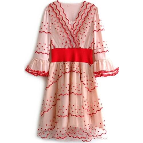 PERHAPS U Women Spring Pink Mesh Embroidery V-neck Flare Sleeve Half Sleeve Knee Length Dress Elegant Empire A Line Dress D2287