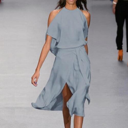 Midi Long Dress Halter Simple Elegant Women Off Shoulder High Waist Loose Solid Color Dress for Work or Office Skin-friendly
