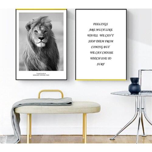 Animal Lion Home Decor Nordic Canvas Painting Wall Art Letter Poster Quote Print Bedroom Black and whit Minimalist Art Picture