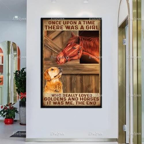 Golden Retriever Dog OnceUpon A Time There Was A Girl Who Really Loved Goldens And Horses Retro Poster Home Decor Prints Canvas