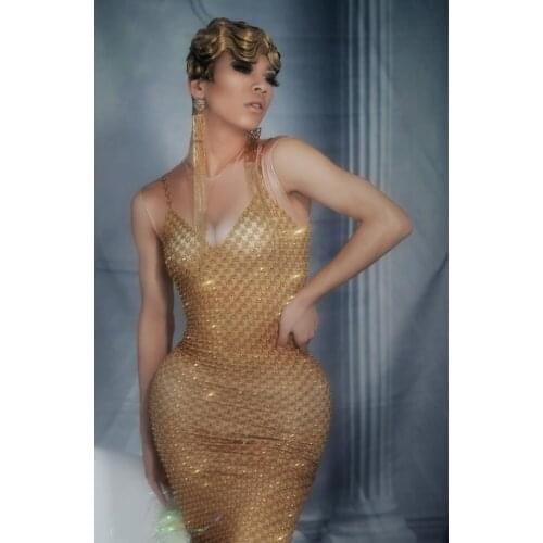 Gold evening dress long party stage show birthday costumes