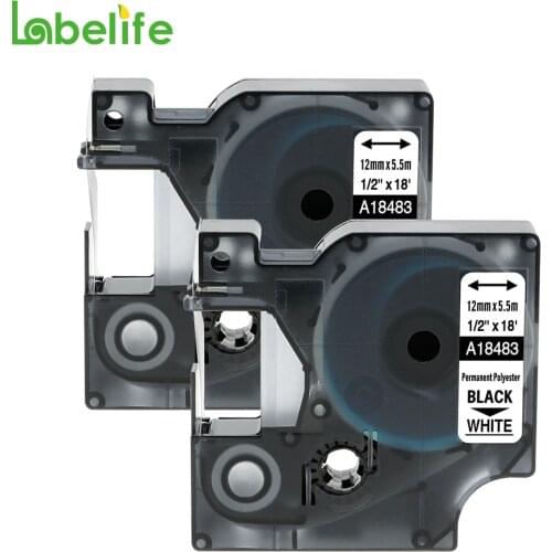 2 Pack 18483 Rhino 12mm S0718210 IND Permanent Polyester Labels Black on White For DYMO LabelWriter and Industrial Label Makers