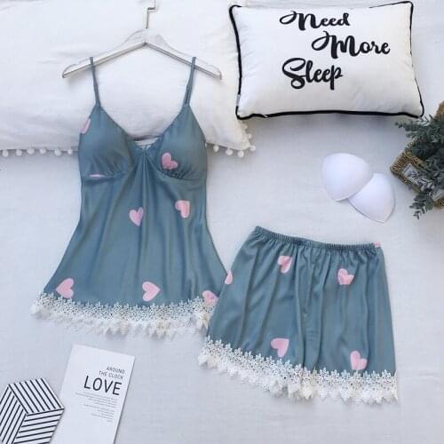 2019 Spaghetti Strap Printing Lace Sexy Women Pajamas V-Neck With Pad Female Summer Pajama Set Summer Fashion Female Sleepwear