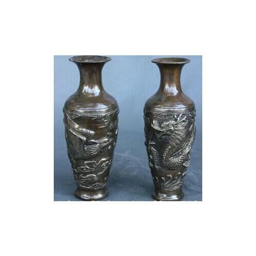Free Shipping 8inch China Royal Palace Copper BRASS Dragon Phoenix Play Bead Statue Pot Vase Pair Sculpture statues