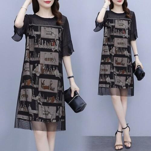Large Size L-5XL Temperament Short Sleeve Dress Womens 2021 Summer New Round Neck Printed Ladies Mesh Sundress aq1048