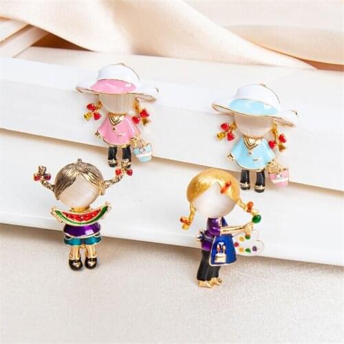 New Opal Enamel Drawing Girl Brooches Women Alloy Painter Art Lover Office Casual Brooch Pins Gifts