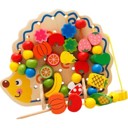 Montessori Wooden Toy Hedgehog Shape Funny String Bead Game for Baby Children Eye-hand Coordination Color Fruit Recognition