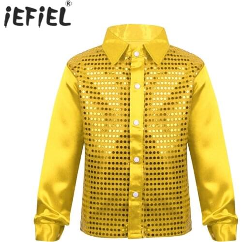 Children Kids Boys Glittery Sequined Dance Clothes Teens Fashion Dance Shirt Hip Hop Jazz Ballroom Shiny Jacket Coat for Prom