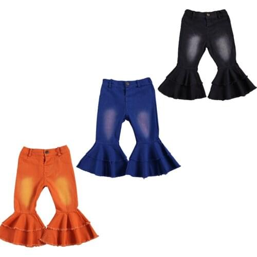 FOCUSNORM 2-7Y Fashion Toddler Baby Girls Flare Pants Solid Denim High Waist Button Hole Trousers Pants 3 Colors