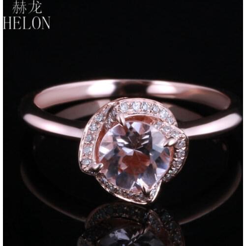 HELON Solid 14k Rose Gold Flawless Round 6.5mm Genuine Morganite Diamonds Engagement Flower Women Fine Jewelry Gemstone Ring