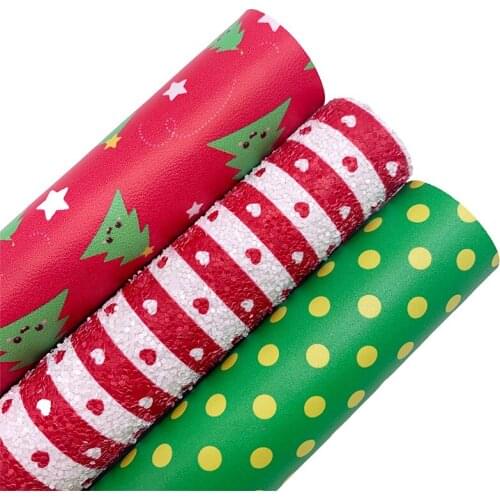 Stripes Printed Chunky Glitter Leather Fabric Christmas Trees Polka Dots Printed Synthetic Leather For BOWS DIY 21X29CM G554