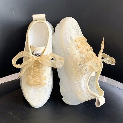 Women Summer New Lace Chunky Platform Sneakers Casual Lace Up Breathable Mesh Shoes Woman White Running Vulcanized Shoes