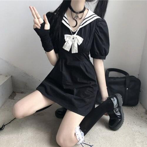 Japanese College Sailor Collar Puff Sleeve High Waist Slimming Sailor Suit JK Dress Female 2021 Summer japanese school uniform
