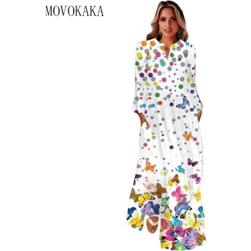 MOVOKAKA Dots Butterfly Print White Dress 2021 Autumn Long Sleeve Beach Casual Breathable Dresses Woman Elegant Girls Long Dress