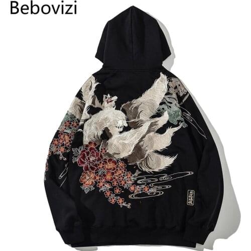Bebovizi Japanese Style Fox Embroidery Black Hoodie Fashion Men Harajuku Streetwear Pullover Sweatshirt Chinese Vintage Hoodie